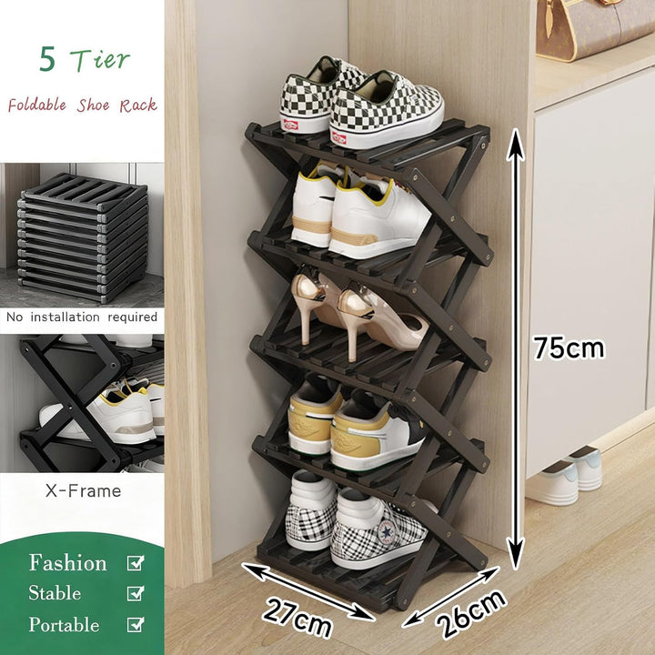 Kleines Schuhregal, schwarz, 5 Etagen, Bambus, faltbar, Schuh-Organizer, freistehendes Regal für Ein