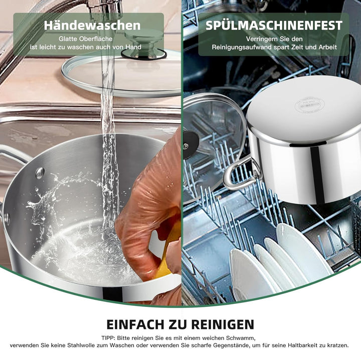 Onader Kochtopf, 3-Lagen Edeastahl Topf Induktion, 3,3L Kochtöpfe Nudeltopf Suppentopf mit Glasdecke