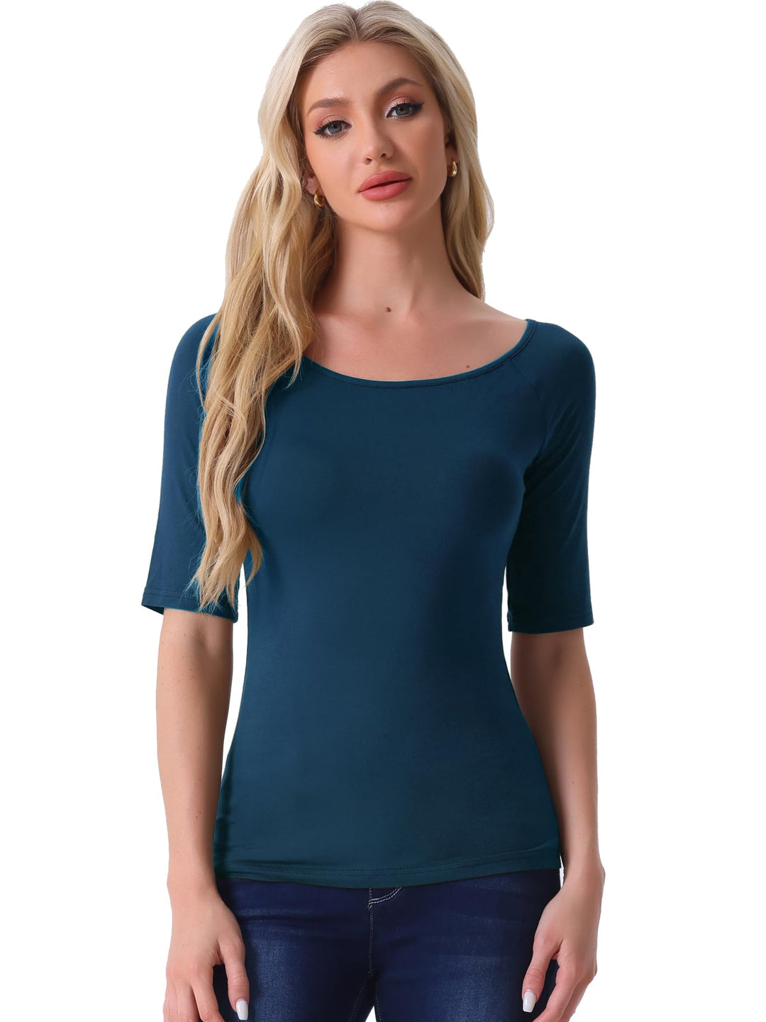 Allegra K Damen Ellbogenärmel Rundhals Slim Fit Bluse T-Shirt XS Dunkelblau, XS Dunkelblau