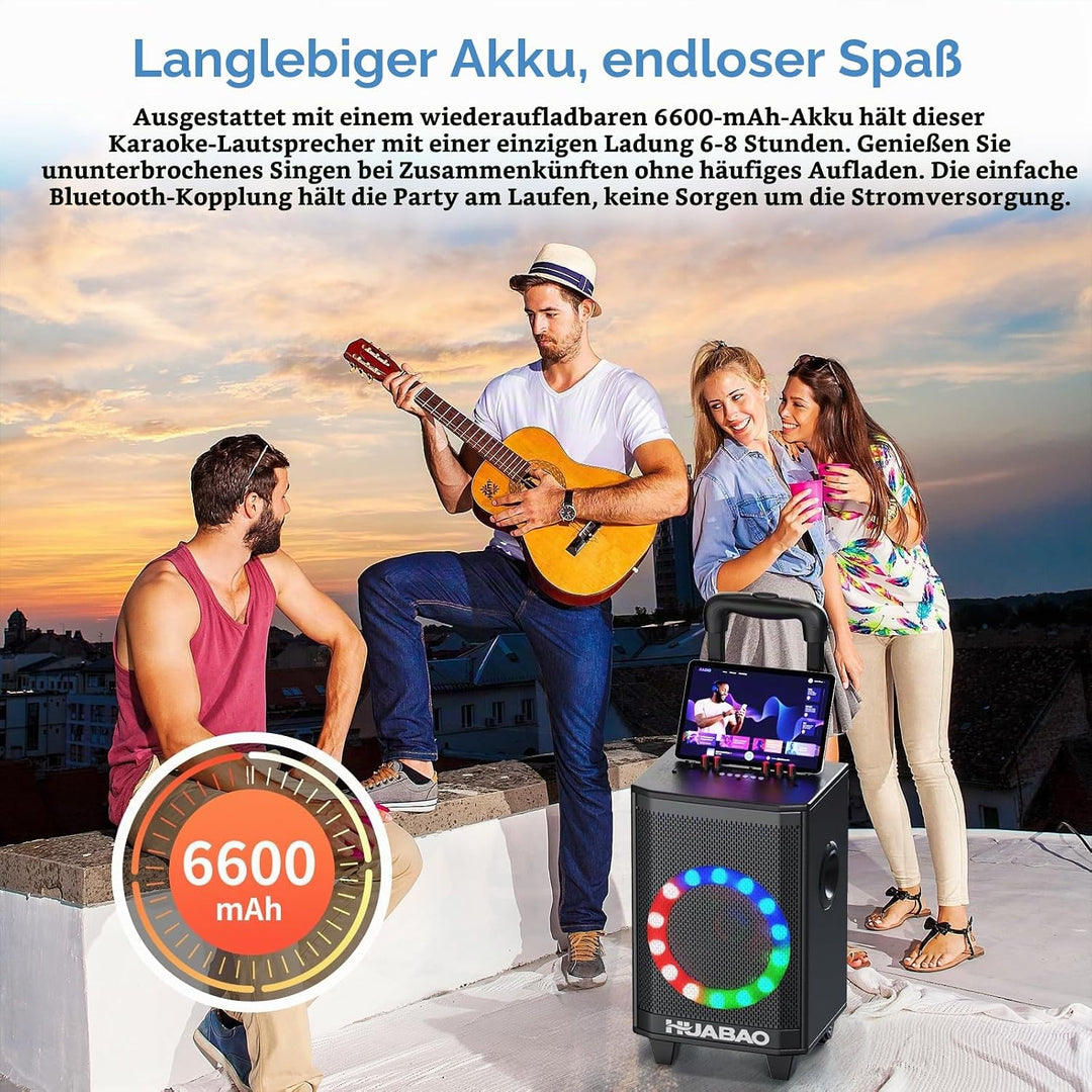 Tragbare Karaoke-Maschine mit 2 drahtlosen Mikrofonen, Bluetooth-Lautsprecher mit Beleuchtung und Tr
