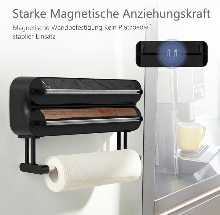 3 in 1 Frischhaltefolienspender mit Cutter, Küchenrollenhalterung mit Küchenrollenhalter, Alufoliens