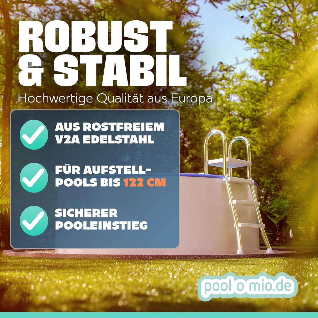poolomio® Poolleiter Edelstahl mit Handlauf bis 120 cm | Einstiegsleiter mit 3 Stufen für Aufstellpo