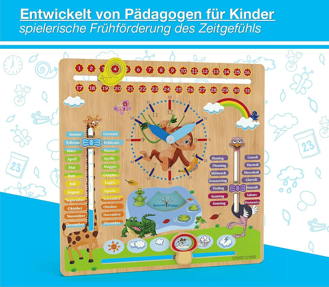 WoodyWood® Kalenderuhr für Kinder - Lernuhr aus Holz, zweisprachig, 30 X 30 cm - Montessori Jahresuh
