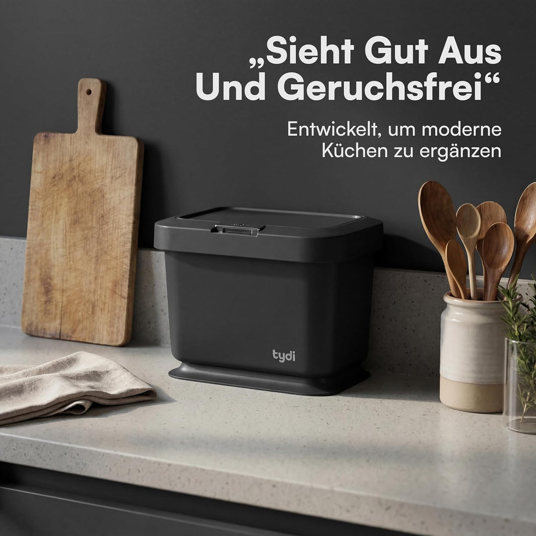 Tydi 4,5L Küchen-Biomüllbehälter mit Druckknopfdeckel - Komposteimer für die Küche - Rutschfester Bo