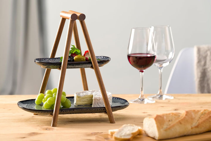 Leonardo Matera Etagere - Kleine Etagere 2 stöckig aus Keramik und Holz - Eckiger Teller zum Anricht