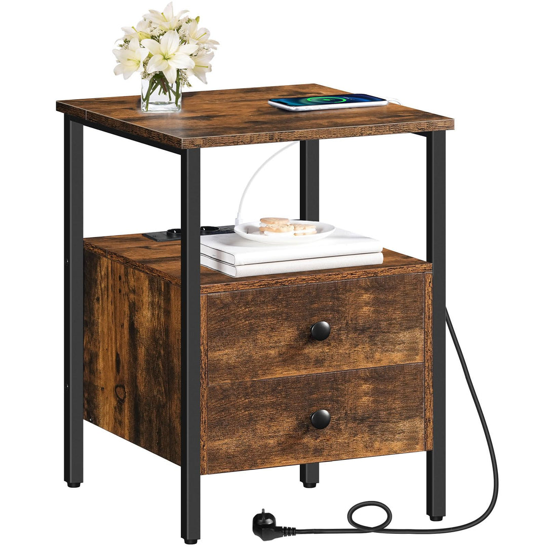 HOOBRO Nachttisch mit Ladestation, Beistelltisch, Sofatisch mit 2 Schubladen, Couchtisch mit USB-Ans