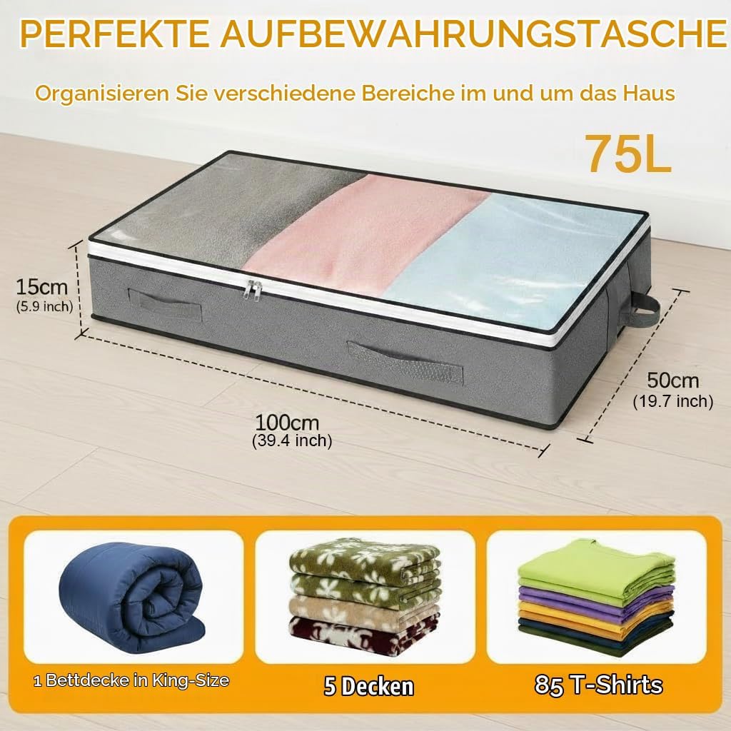 Romon Unterbett Aufbewahrungsbox Unterbettkommode, 3 Stück Bettkasten 75L Faltbare mit Reissverschlü