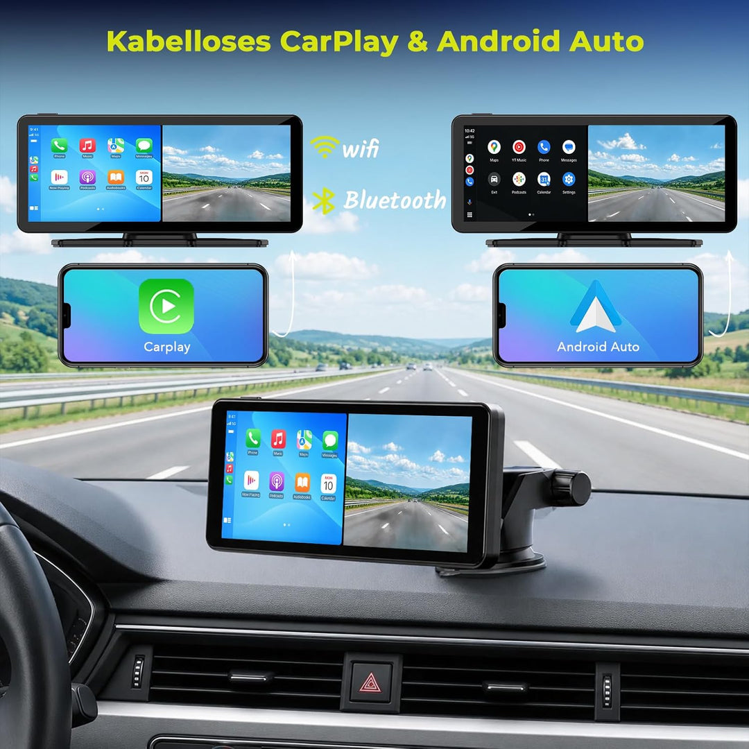LAMTTO Wireless CarPlay Android Auto Display mit Dashcam 2,5K+1080P, Tragbares 6,86 Zoll HD Touchscr
