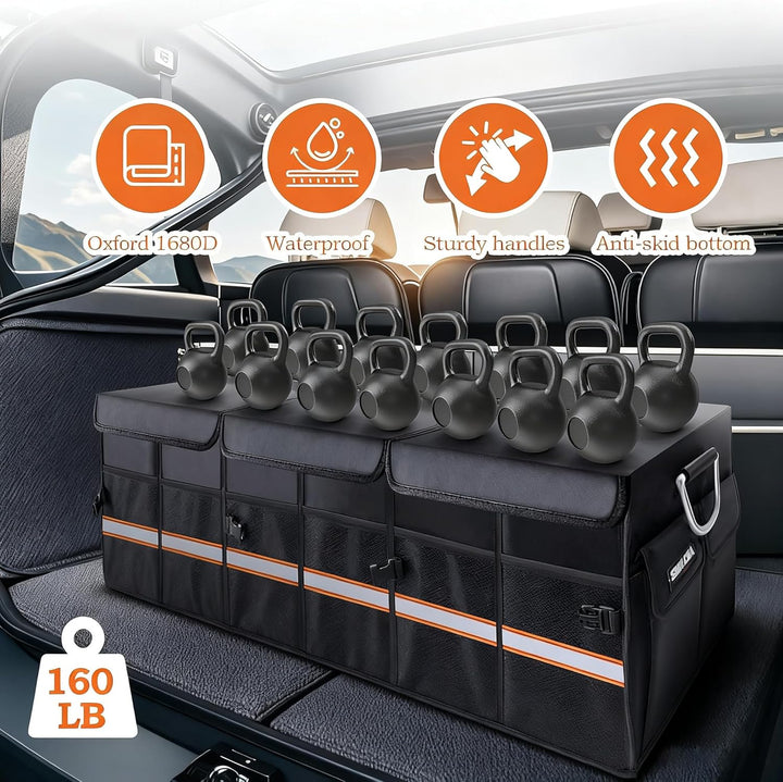 TINMAGI Kofferraum Organizer, Kofferraumtasche 90cm, Auto Organizer Kofferraum mit Fächern, Deckel,
