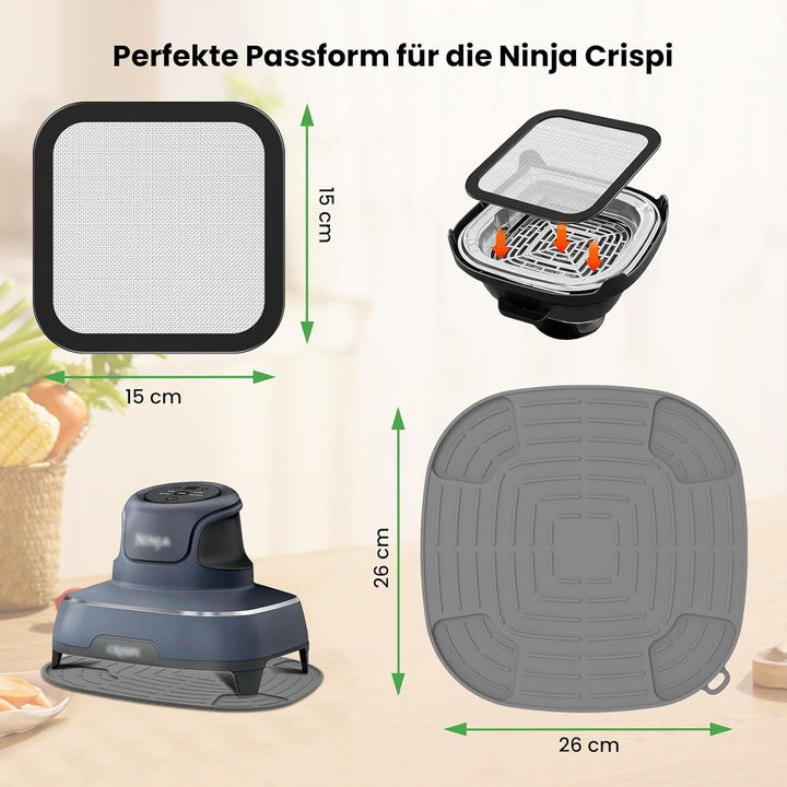 Airfryer Zubehör für Ninja CRISPi FN101EU: GEEKHOM 1x Edelstahl Feinmaschiger Spritzschutz + 1x Sili