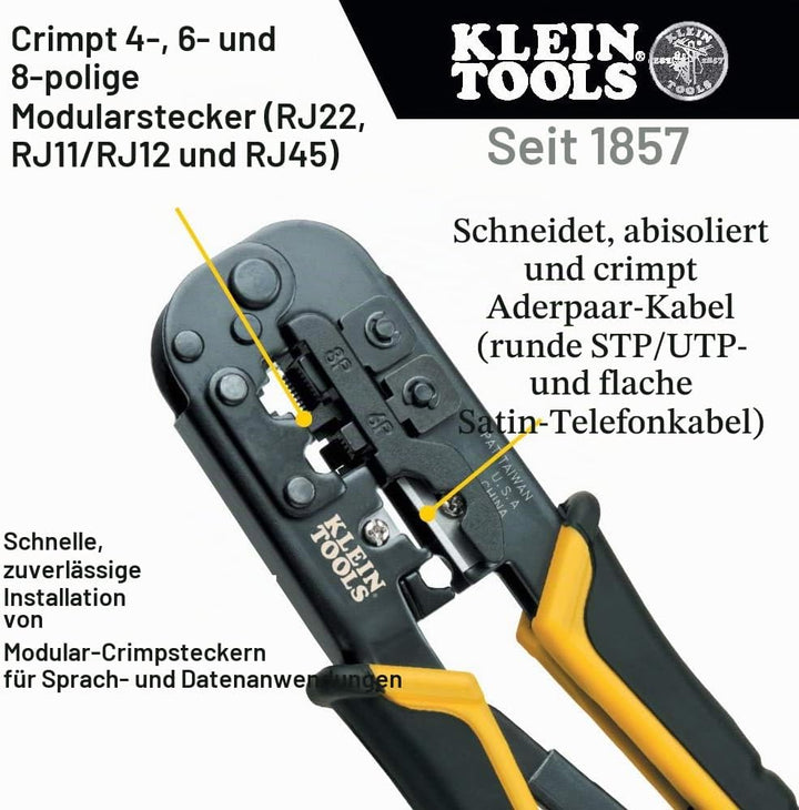 Clein Tools Crimpzange/Abisolierzange für RJ45, CAT5e, CAT6, CAT6A, VDV226-011-SEN Vorbereiten und V