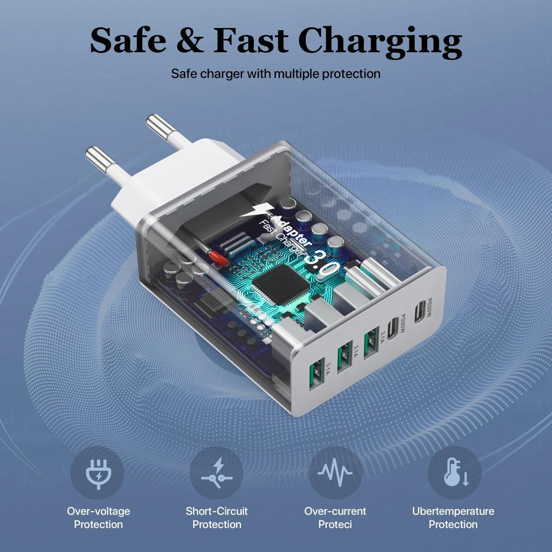 2er Pack USB C Ladegerät 50W, 5 Ports Mehrfach USB Stecker mit【2 USBC+3 USBA】, 50W Netzteil Wand-Lad