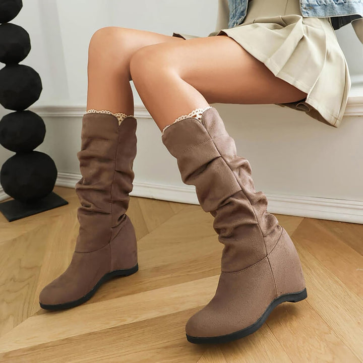 Winterstiefel Damen, Winterstiefel Damen mit Absatz Plateau Keilabsatz Langschaft Hohe Stiefel Elega