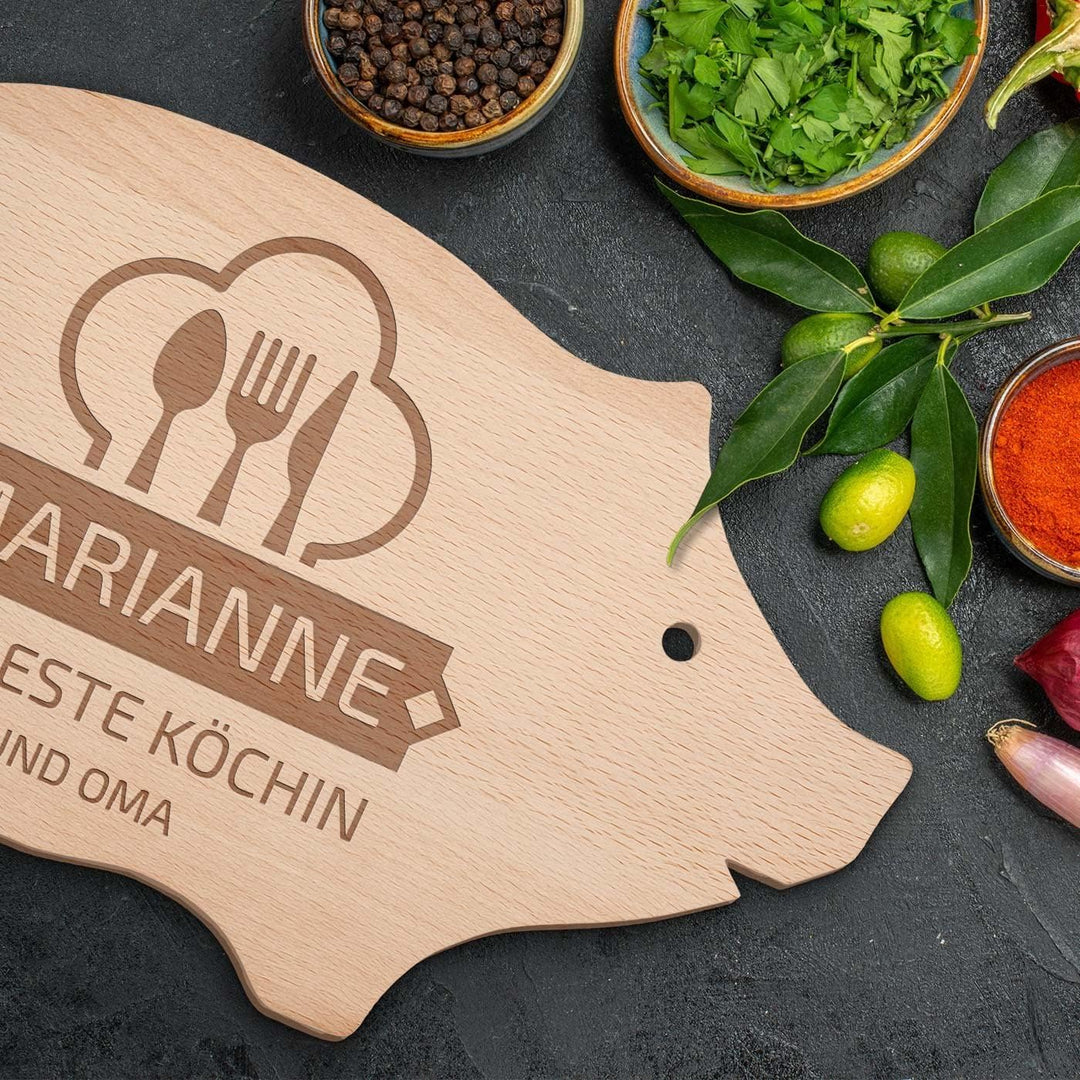 Maverton Schneidebrett Schweinchen mit Gravur - aus Buchenholz - Brotzeitbrett Küchenbrett - Grösse: