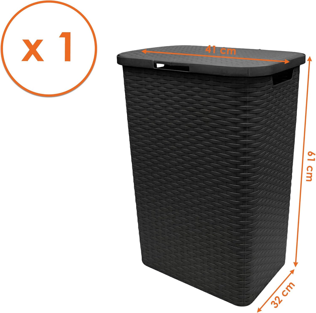Kunststoff Wäschekorb anthrazit mit Deckel in Rattan Optik - 65 Liter - Wäschesammler in Flechtoptik