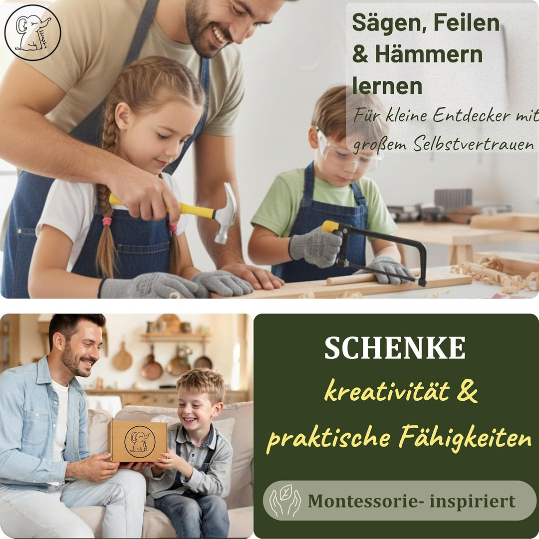 Eli® Kinderwerkzeug Set ab 6 Jahre inkl Kindersäge - Hammer - Holzraspel - Schutzhandschuhe - echtes