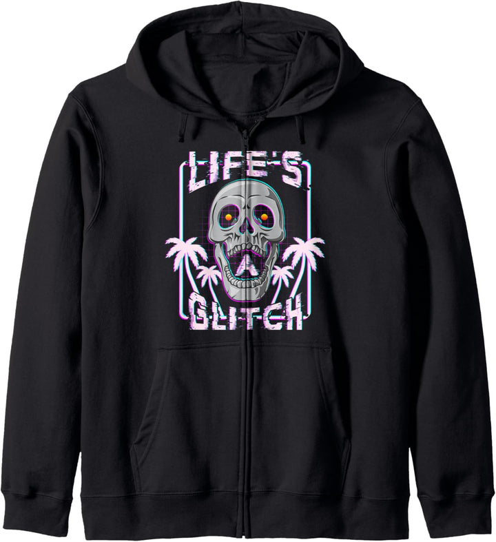 Life's A Glitch Skull & Palm Tree Synthwave Retro Streetwear Kapuzenjacke