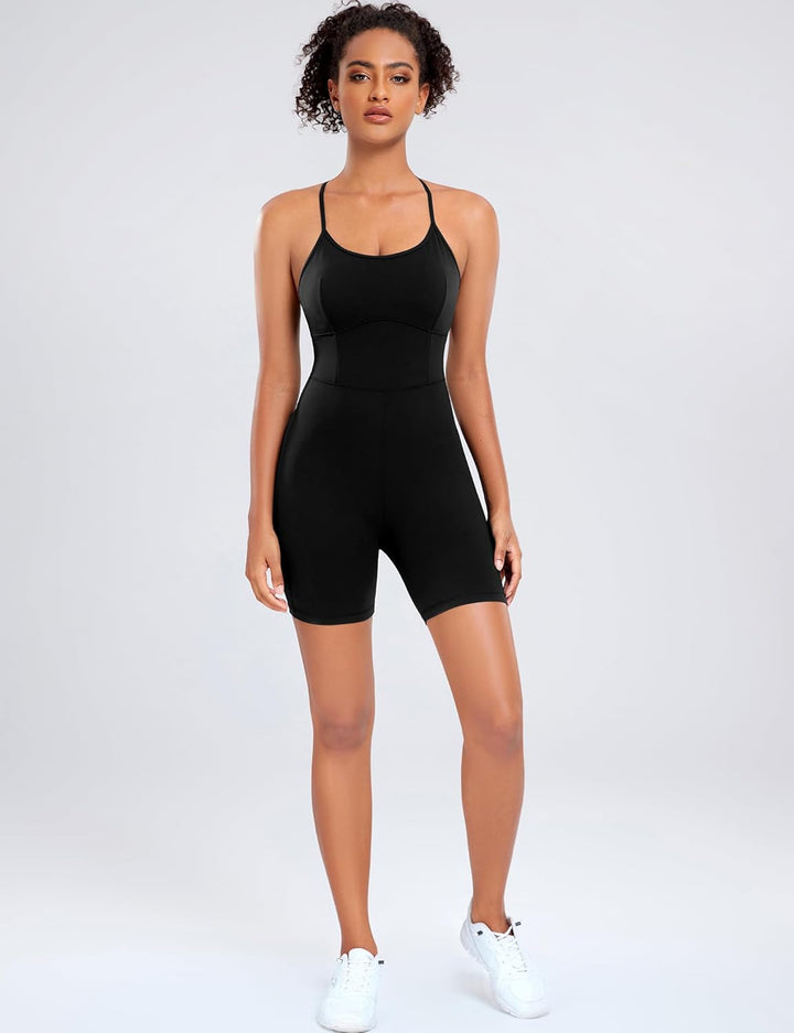 Damen Workout Spaghetti-Träger Rompers Shorts Bauchkontrolle Einteiler Jumpsuit, XS Schwarz