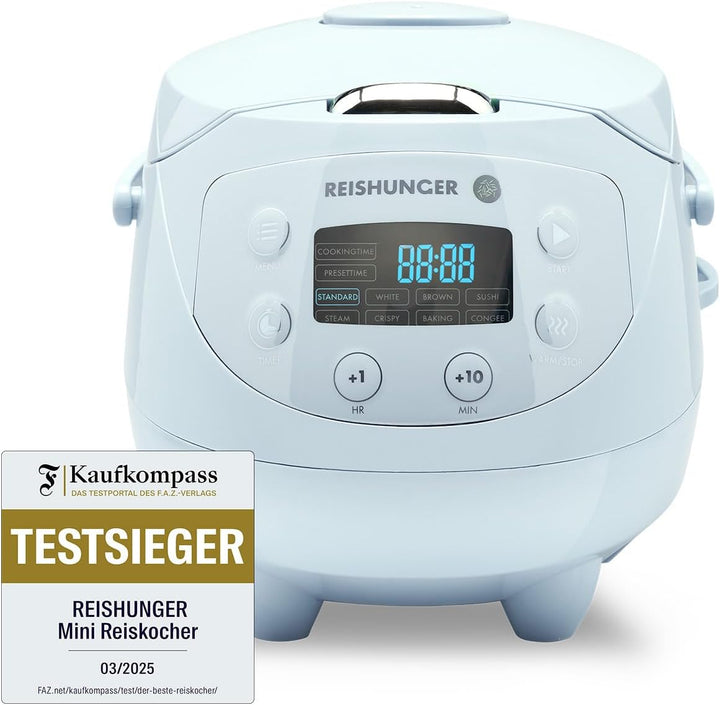 REISHUNGER Digitaler Reiskocher klein, hellblau | 0,6 L bis 3 Personen | Warmhaltefunktion, Timer &
