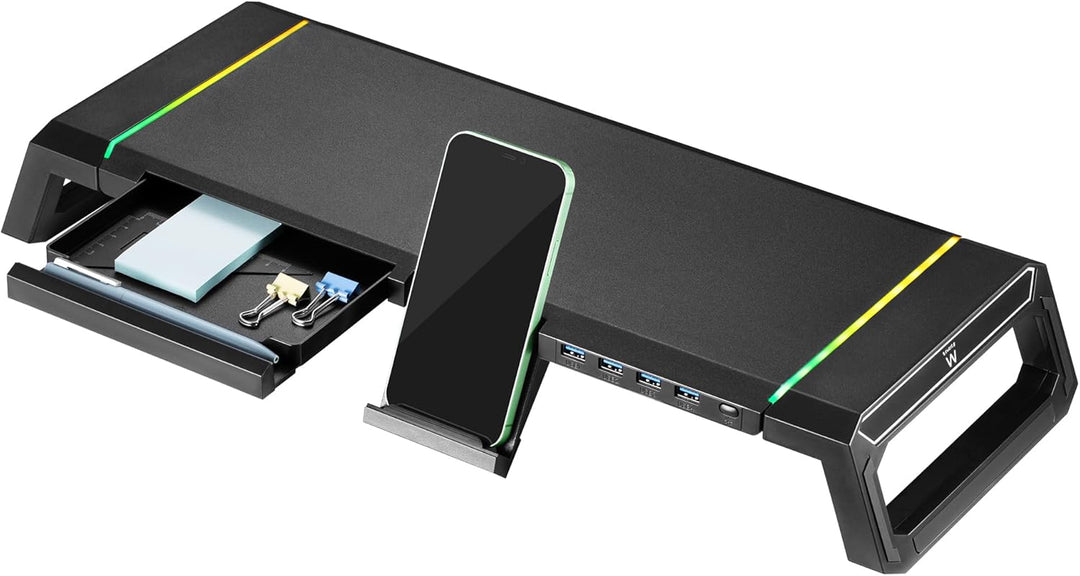 Ewent Monitorständer, RGB Monitor Riser, Klappbar, Smartphone- und Tablet-Halterung mit Ablagefach u