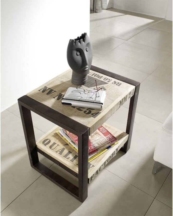 MASSIVMOEBEL24.DE vollmassiv Möbel Mango Holz Eisen Bedruckt Beistelltisch Industrial-Stil Massivhol