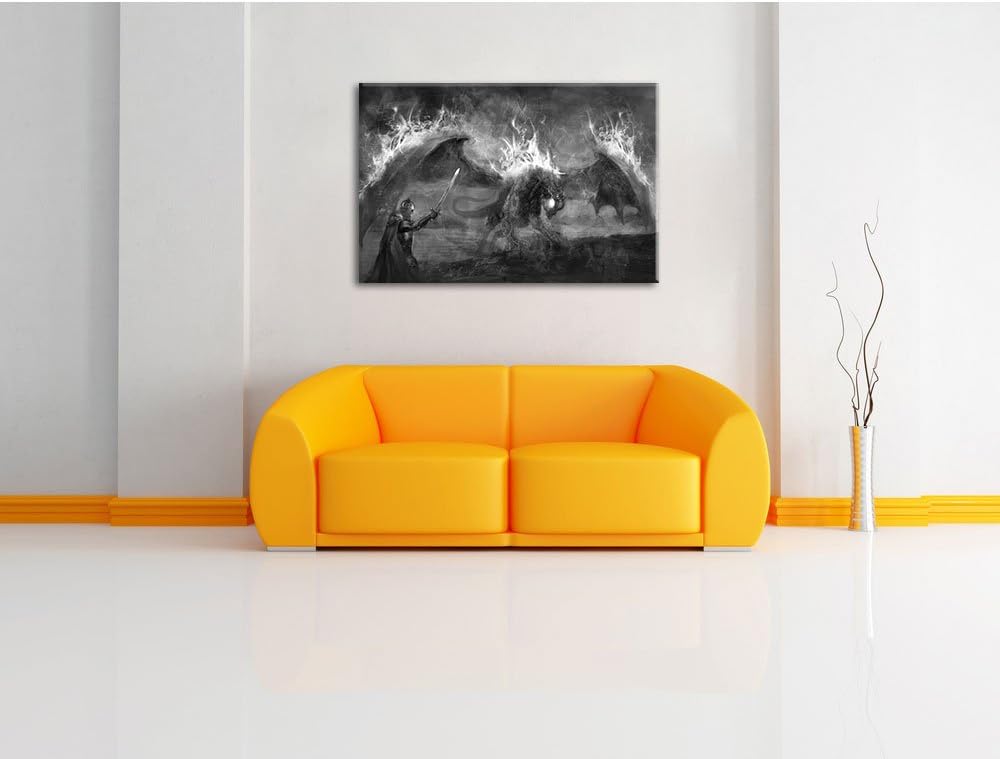 Pixxprint Ritter kämpft gegen Drachen im Feuer Kunst B&W, Format: 100x70 auf Leinwand, XXL riesige B