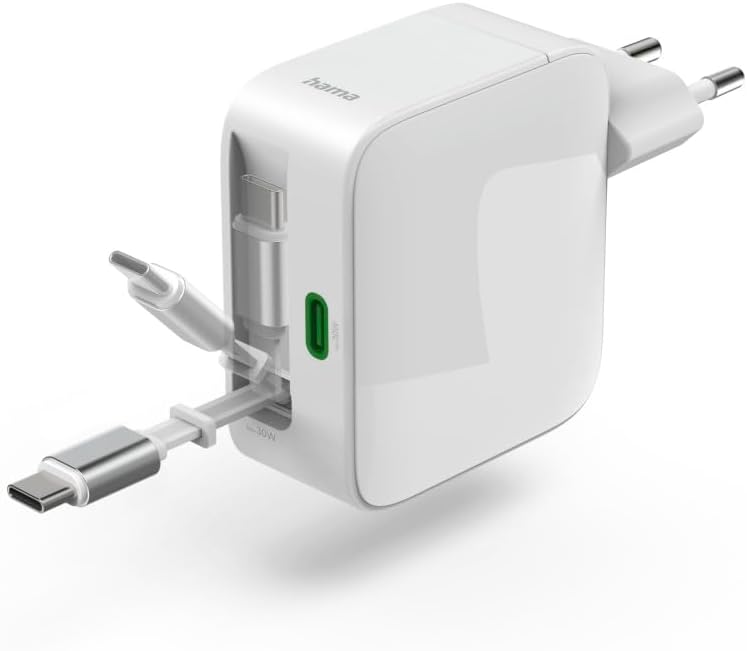 Hama GaN-Schnellladegerät, 30 W, 2X USB-C, ausziehbares USB-C-Kabel, Power Delivery, PD, USB-C-Ladeg