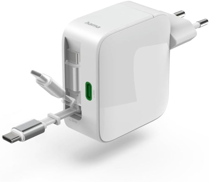 Hama GaN-Schnellladegerät, 30 W, 2X USB-C, ausziehbares USB-C-Kabel, Power Delivery, PD, USB-C-Ladeg