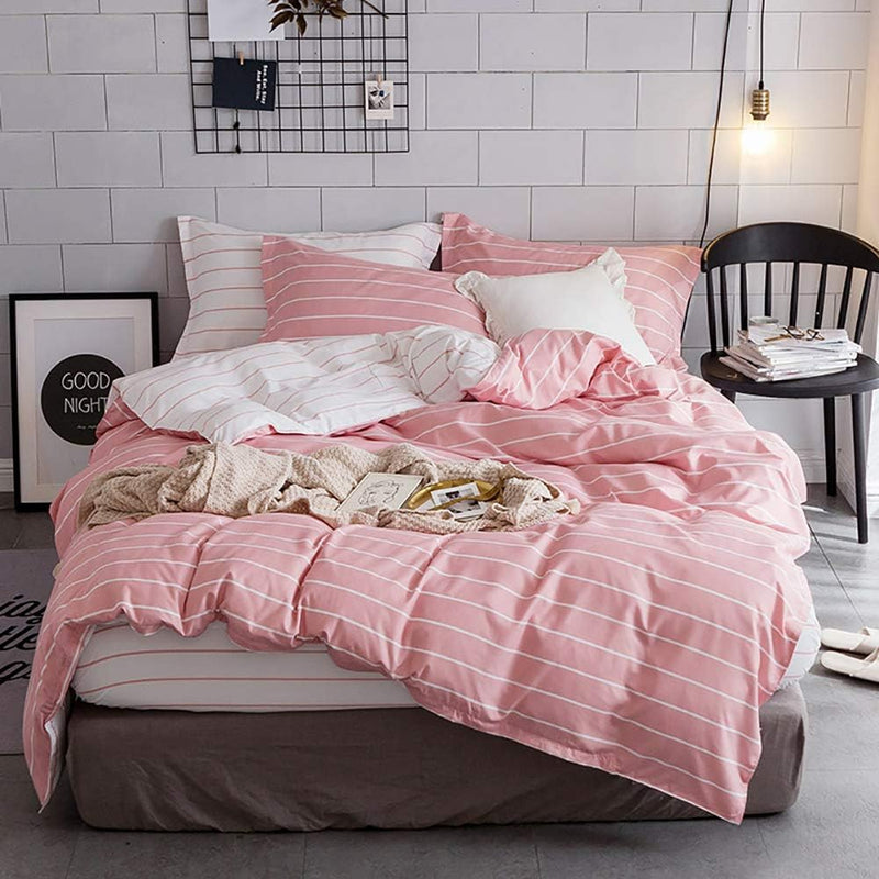 Luofanfei Gestreifte Bettwäsche 155X220 Rosa Weiss Gestreift Streifen Mikrofaer Wendebettwäsche Bett