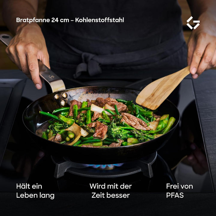 Gastrotools Carbonstahl Bratpfanne 24cm, natürliche Antihaft-Oberfläche ohne PFAS, Ofenfest bis 650°