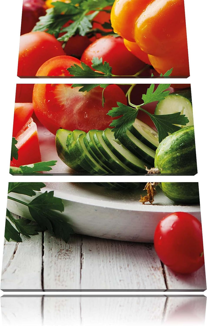 Pixxprint Obst Gurke Gemüse Salat Essen Tomate 3-Teiler Leinwandbild 120x80 Bild auf Leinwand