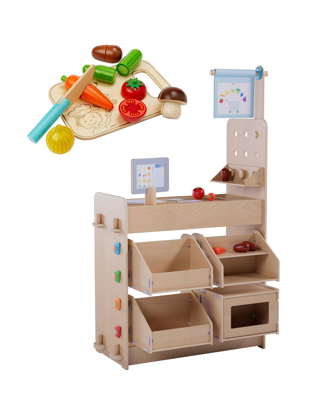 HABA Creative Play 3 in 1 Spielküche, Kaufladen & Werkstatt für Kinder ab 3 Jahren - Werkzeugloser A