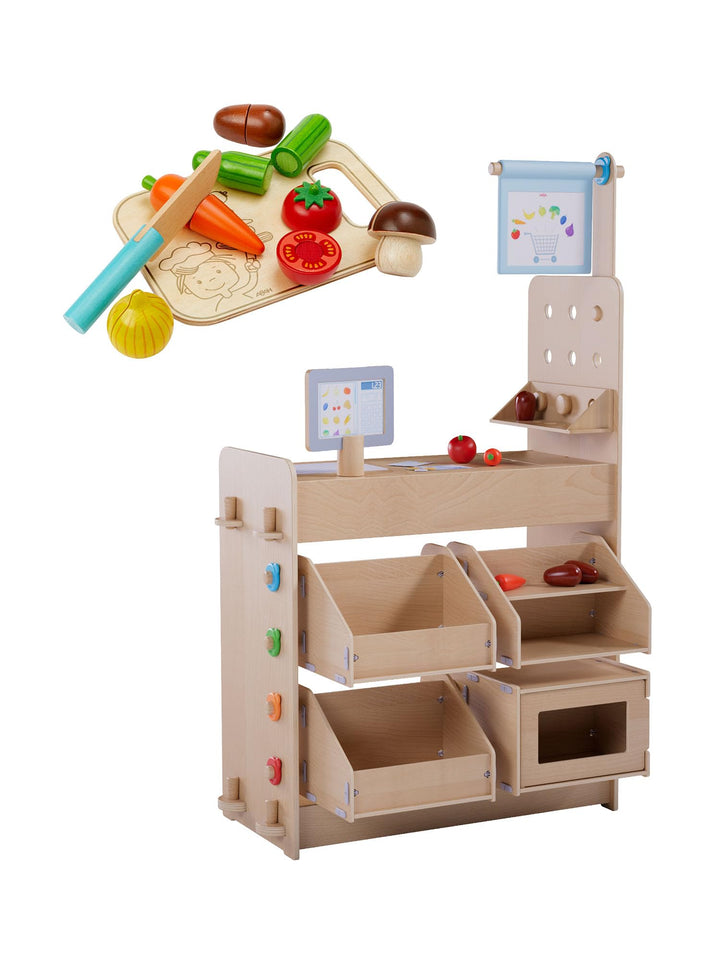 HABA Creative Play 3 in 1 Spielküche, Kaufladen & Werkstatt für Kinder ab 3 Jahren - Werkzeugloser A