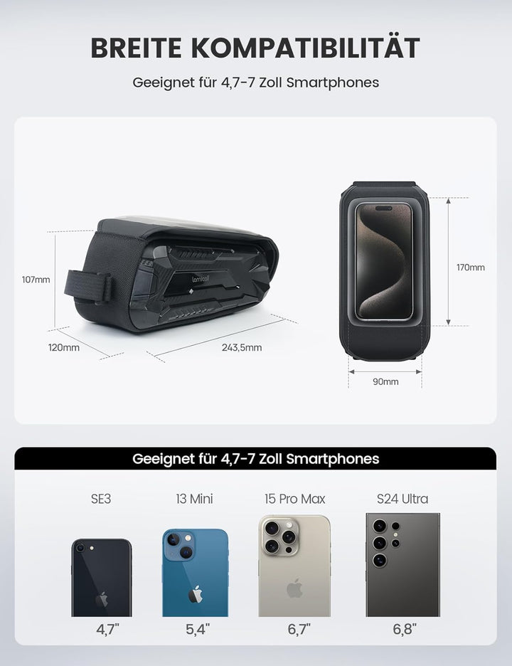 Lamicall Fahrradtasche Rahmen, Rahmentasche Fahrrad - [Einhändig Öffnen & Schliessen] 1,6L Wasserdic