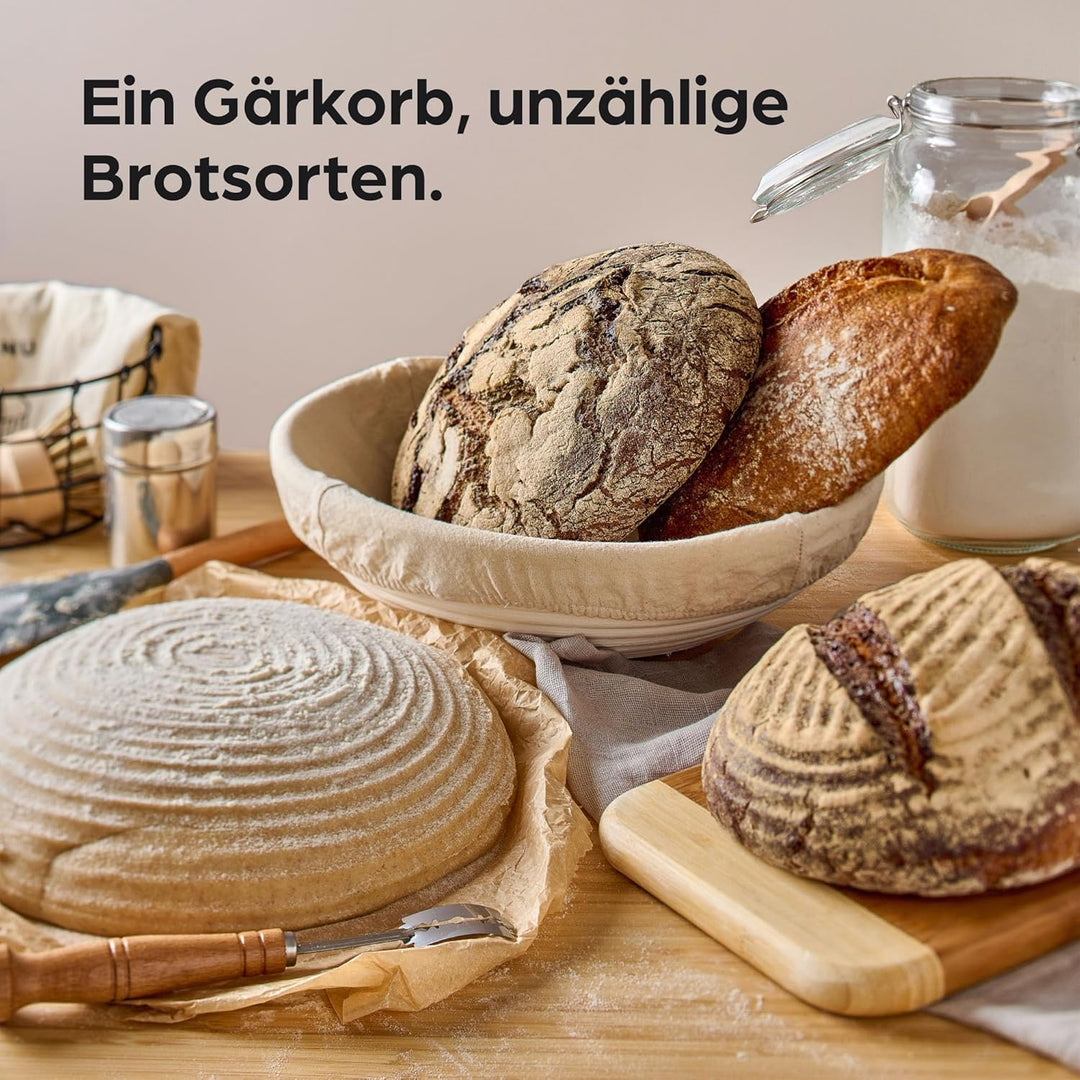 Praknu Gärkorb zum Brotbacken 2er Set - Aus nachhaltigem Rattan - Rund - 30cm - Set inkl. Bürste, Le