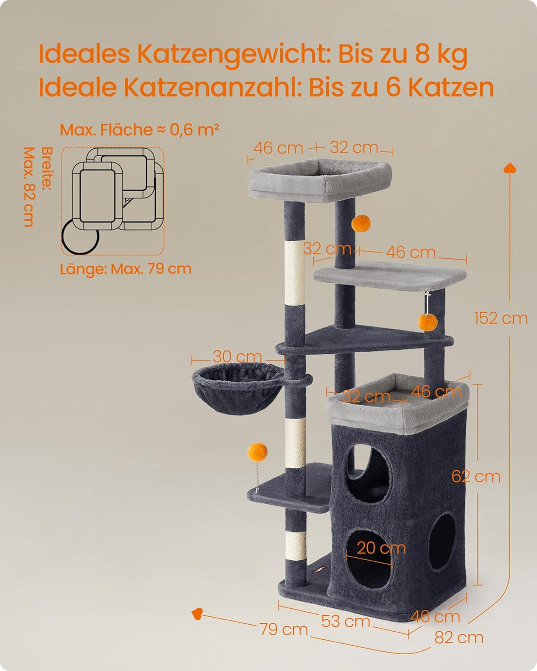 Feandrea Kratzbaum, 152 cm hoch, mehrstöckiger Katzenbaum mit 2 grossen Höhlen, 1 Liegemulde, 3 Krat