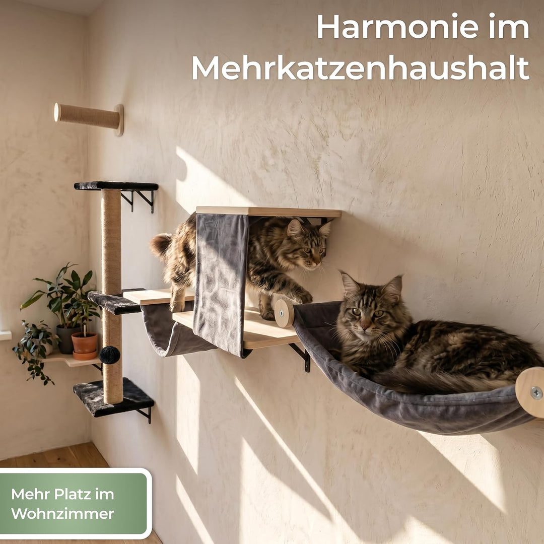 WOOWOOD® Kletterwand Katzen Set inkl. Katzentreppe Wand I Kratzbaum Wand I Hängematte Katze I Wandkr