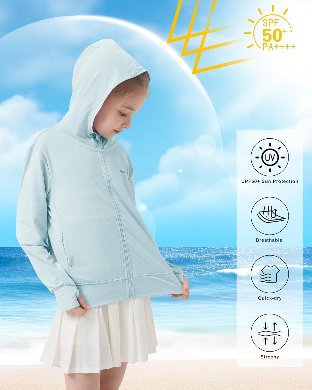 Rolanko Mädchen Sommerjacke mit Daumenlöchern Langarm Sonnenschutz Schnell Trocknend Reissverschluss