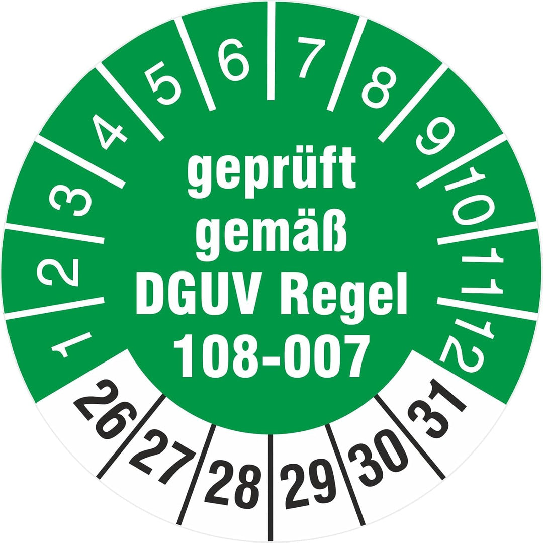 1000 Stück geprüft nach DGUV Regel 108-007 Prüfetiketten/Prüfplaketten 30 mm rund Lagereinrichtungen