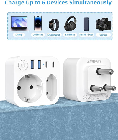 Deutschland nach Südafrika Adapter mit 4 USB (2 Typ-C), 2 Fach Reiseadapter Südafrika, Reisestecker