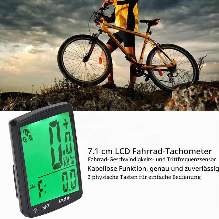 Fahrradcomputer, 2,8-Zoll-LCD-Display mit Hintergrundbeleuchtung, Kabelloser Fahrrad-Tachometer, Kil