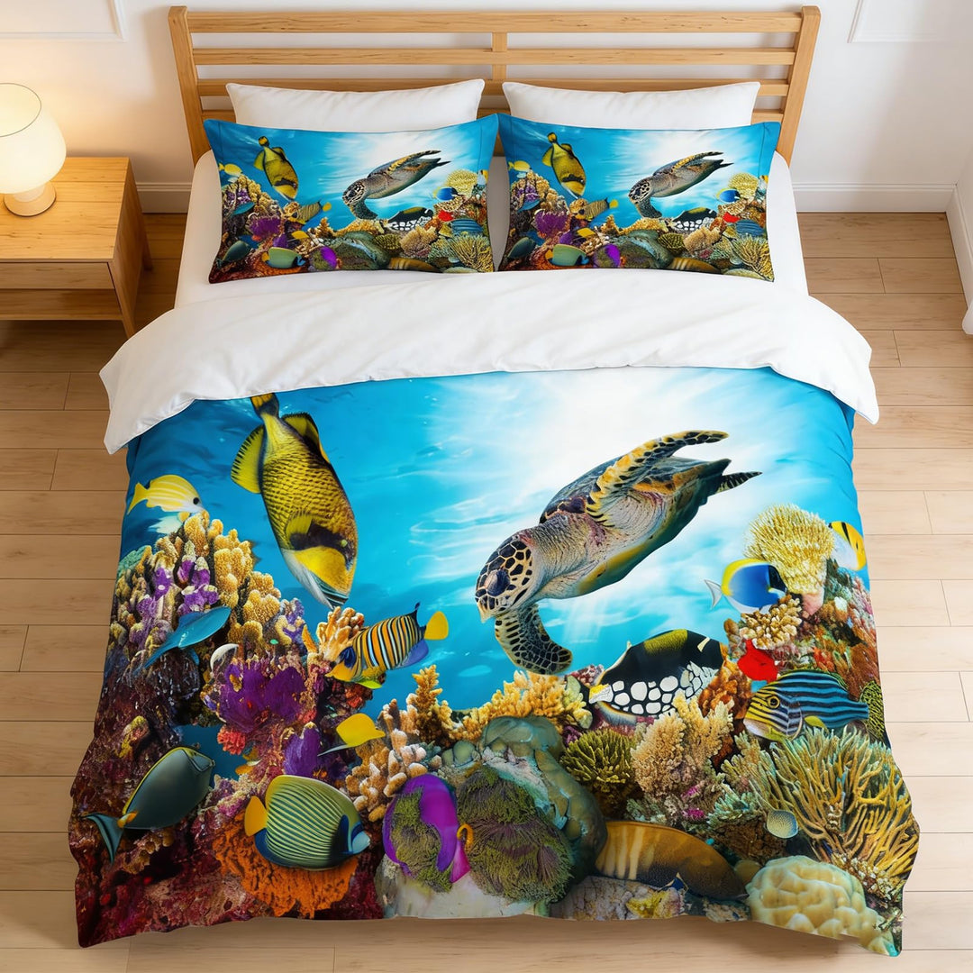 EHAOKK 3D Meer Tier Bettwäsche Set,Delfin,Tropischer Fisch,Korallen,Meeresleben Bettbezug,Blaue Unte
