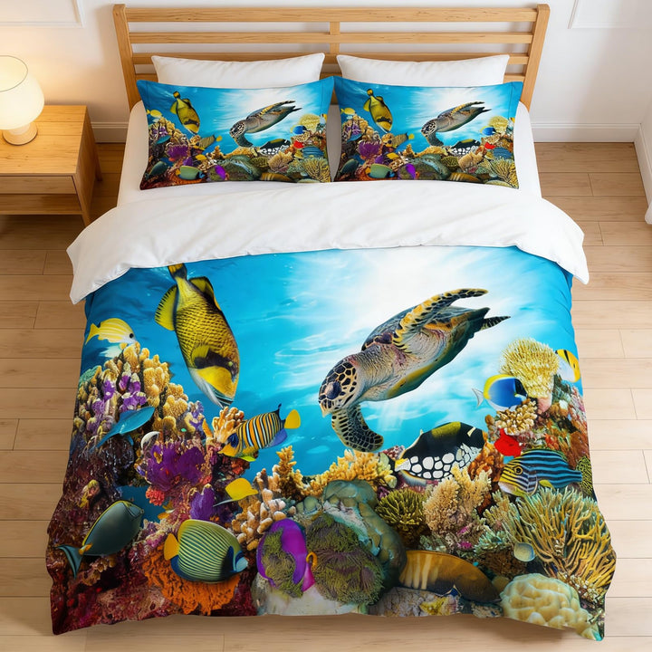 EHAOKK 3D Meer Tier Bettwäsche Set,Delfin,Tropischer Fisch,Korallen,Meeresleben Bettbezug,Blaue Unte
