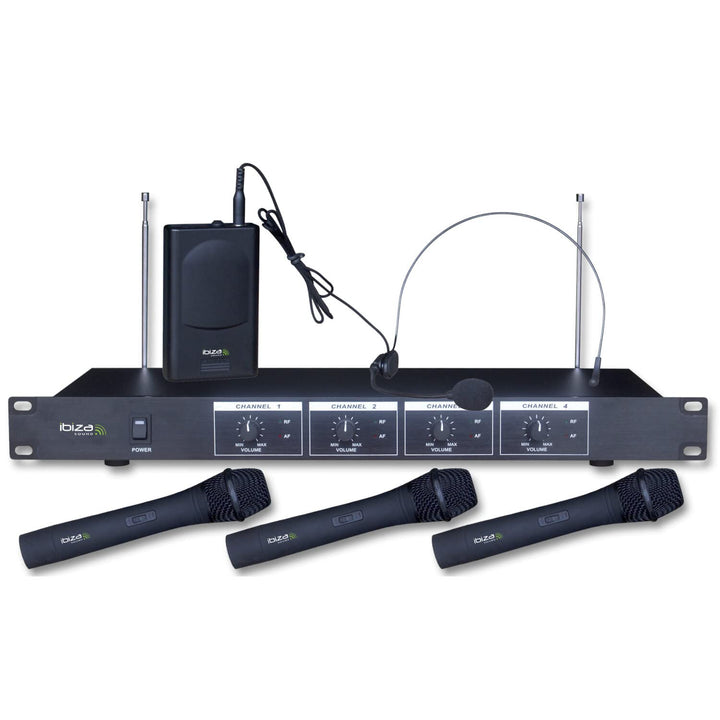 Ibiza - VHF4 - Drahtloses Mikrofonsystem mit 3 VHF-Handmikrofonen, 1 VHF-Kopfbügelmikrofon und 1 Emp