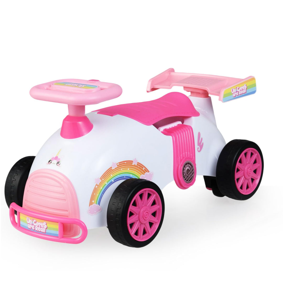 COSTWAY Rutschauto, Rutschfahrzeug im rosa Einhorn-Design, Kinderfahrzeug mit Musik & Stauraum unter