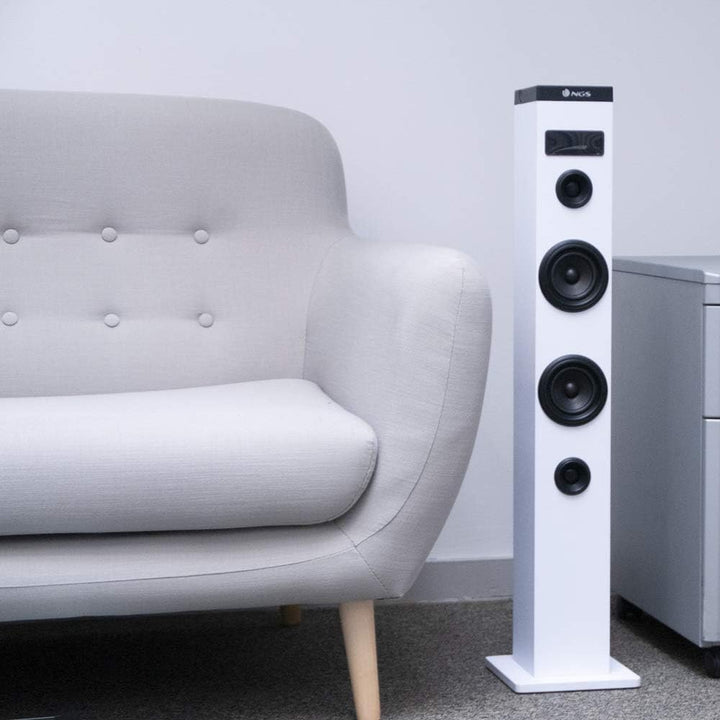 NGS Sky Charm White - 50W Bluetooth Sound Tower mit Fernbedienung, Optischem Eingang, USB, FM Radio