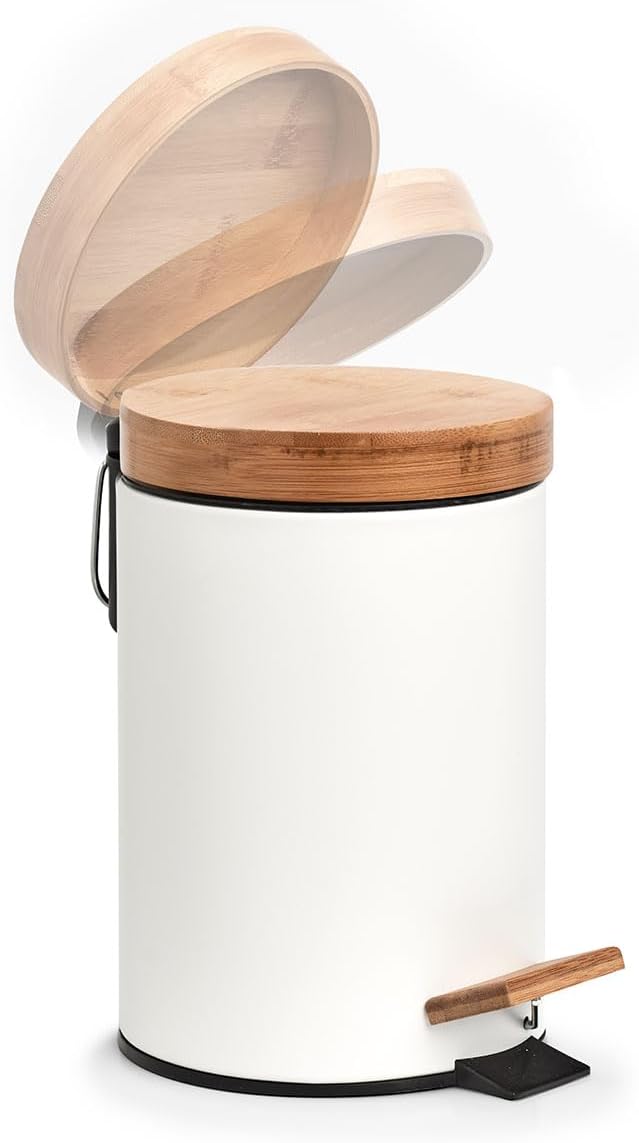 Kosmetikeimer aus Metall mit Bambusdeckel, weiss, 3 Liter | Absenkautomatik Weiss Ø16,8 x 24 cm, Wei