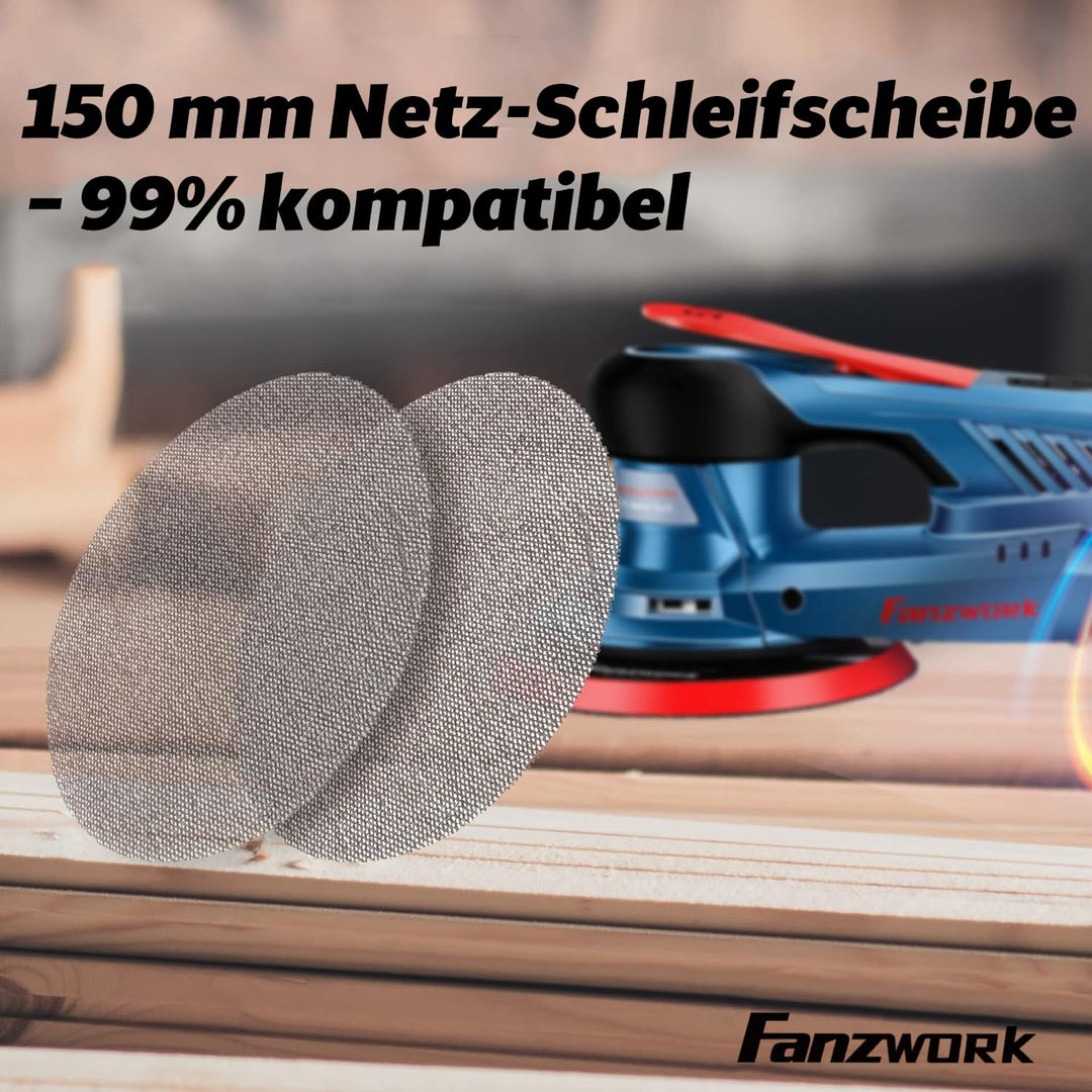 FANZWORK 150 mm Netz-Schleifgitter Klett für Exzenterschleifer, Korn P80 (15 Stück), P120 (15 Stück)