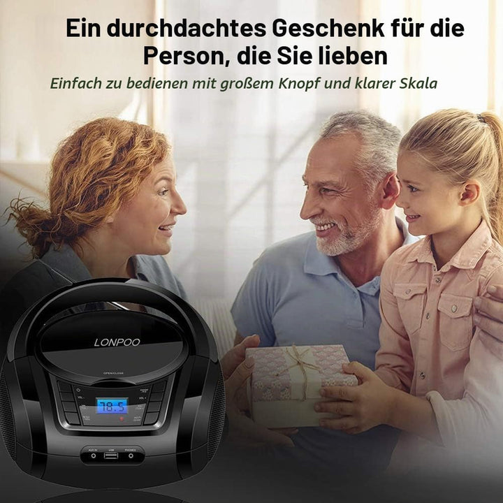 Tragbarer CD-Player Boombox mit FM-Radio/Bluetooth/USB/AUX-Eingang | 3,5 mm MIC &amp; Kopfhöreranschluss