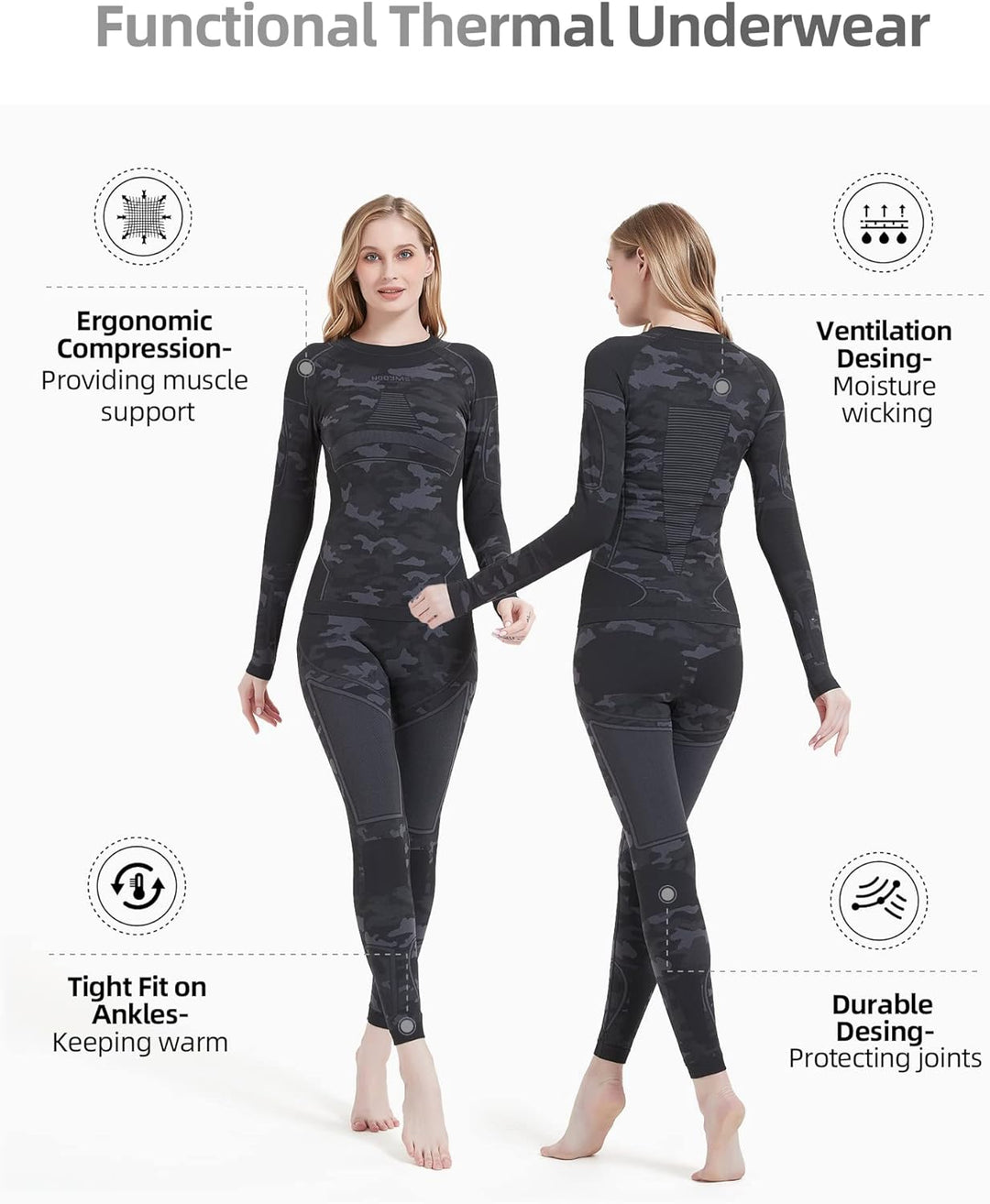 NOOYME Thermounterwäsche Damen Atmungsaktiv Thermowäsche Set Funktionswäsche Anti-bakteriell und Fle